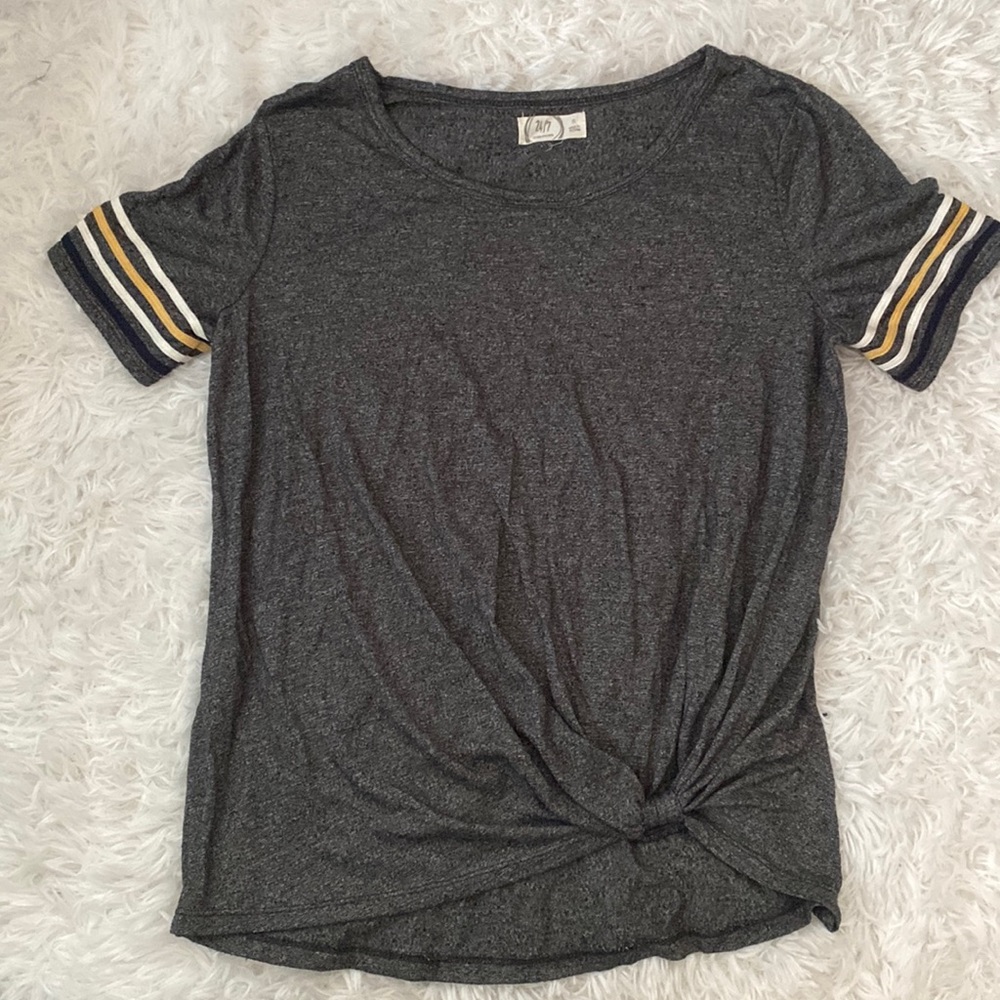 Maurice’s dress shirt. Size-S. Color-grey with yellow and white stripe sleeves.